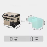 Хладилник за кола с интелигентен охлаждащ компресор, с bluetooth, колела и двойна зона за охлаждане, капацитет 45L, включен трансформатор 220V, включен зелен данък