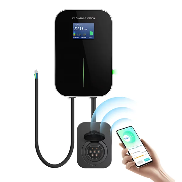 Stație de Încărcare EV 22 kW Trifazată cu Priză Tip 2, Control prin Aplicație și Afișaj LCD