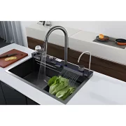 PRODUS RESIGILAT! Chiuvetă modernă de bucătărie culoare: negru, multifuncțională, duș extractibil, spălător pahare, filtrare apă, inox, calitate premium, accesorii incluse dimensiuni 750*460*220mm