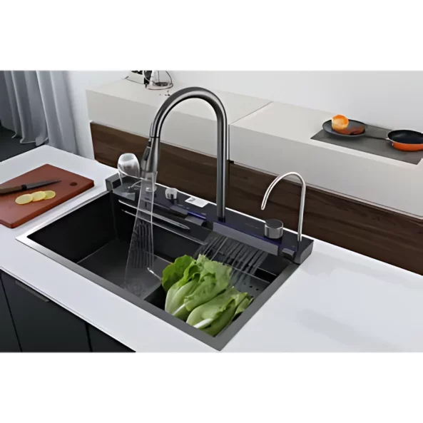 PRODUS RESIGILAT! Chiuvetă modernă de bucătărie culoare: negru, multifuncțională, duș extractibil, spălător pahare, filtrare apă, inox, calitate premium, accesorii incluse dimensiuni 750*460*220mm