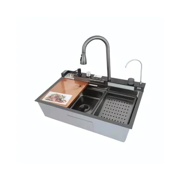 PRODUS RESIGILAT! Chiuvetă modernă de bucătărie culoare: negru, multifuncțională, duș extractibil, spălător pahare, filtrare apă, inox, calitate premium, accesorii incluse dimensiuni 750*460*220mm