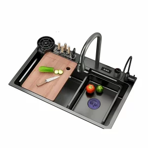 Fregadero de cocina moderno color negro, multifuncional, con ducha extraíble, soporte para cuchillos, lavaplatos para copas, filtración de agua, acero inoxidable, calidad premium, accesorios incluidos, dimensiones 750*460*220mm