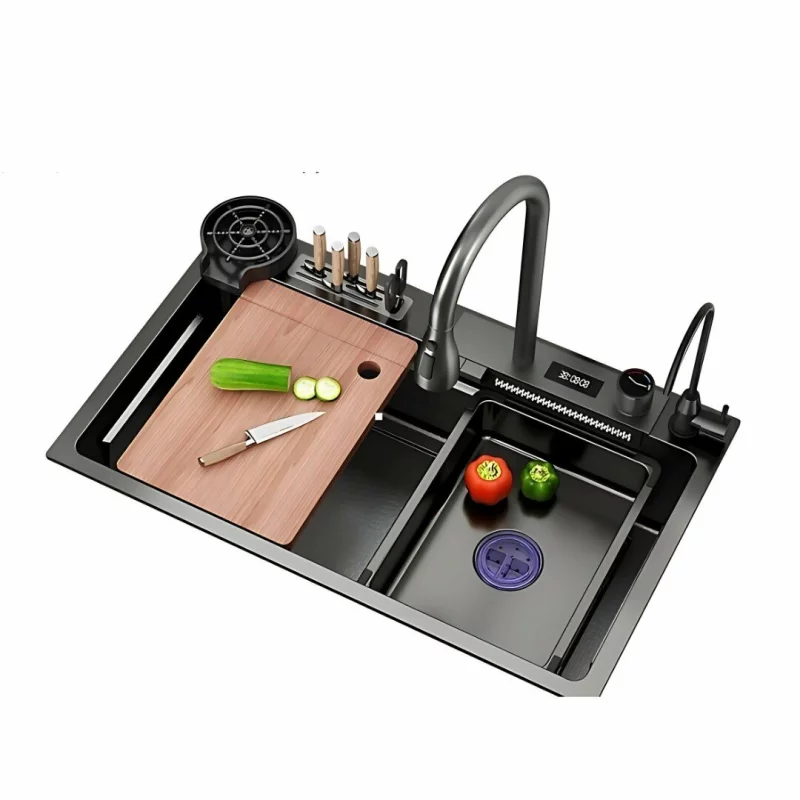 Chiuvetă modernă de bucătărie culoare: negru, multifuncțională, duș extractibil,suport cutite, spălător pahare, filtrare apă, inox, calitate premium, accesorii incluse dimensiuni 750*460*220mm