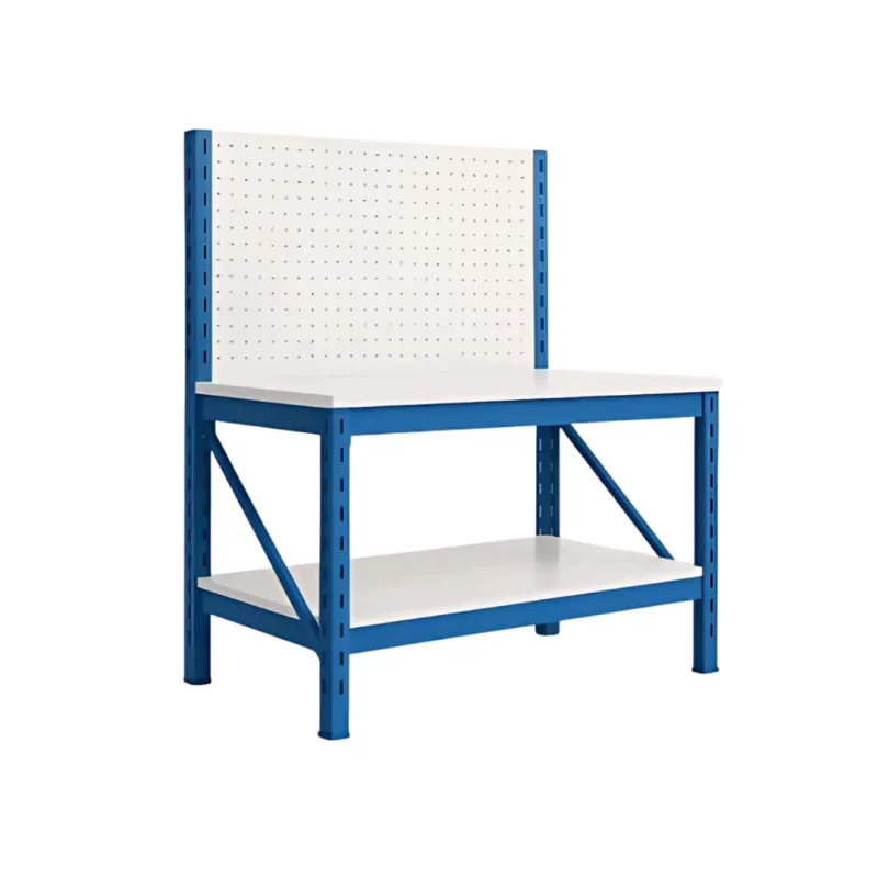 Masa de lucru industriala cu placaj perforat L2000 x D600 x H1000/1500mm -200kg/nivel BLUE & WHITE