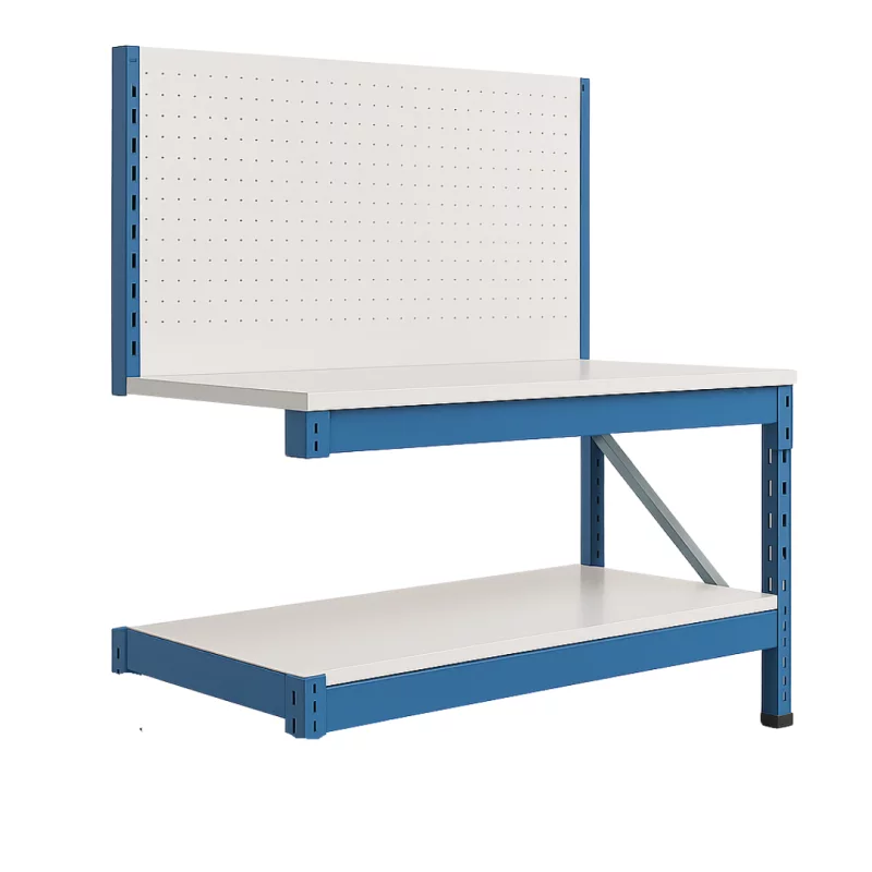 Prelungire pentru masa de lucru industriala cu placaj perforat L2000 x D600 x H1000/1500mm-200kg/nivel BLUE & WHITE