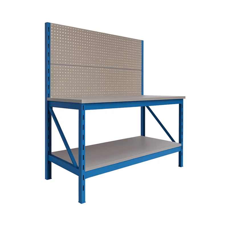 Masa de lucru industriala cu placaj perforat L2000 x D600 x H1000/1500mm -1000kg/nivel GRAY & BLUE