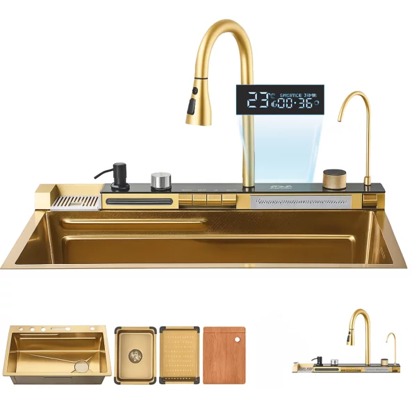 Chiuvetă modernă de bucătărie culoare :auriu, multifuncțională, duș extractibil, spălător pahare, filtrare apă, inox, calitate premium, accesorii incluse dimensiuni 750*460*220mm