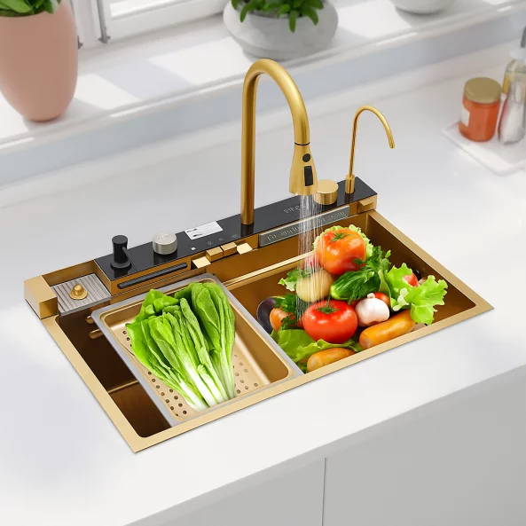 Chiuvetă modernă de bucătărie culoare :auriu, multifuncțională, duș extractibil, spălător pahare, filtrare apă, inox, calitate premium, accesorii incluse dimensiuni 750*460*220mm