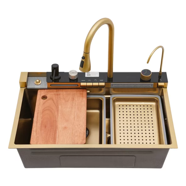 Chiuvetă modernă de bucătărie culoare :auriu, multifuncțională, duș extractibil, spălător pahare, filtrare apă, inox, calitate premium, accesorii incluse dimensiuni 750*460*220mm