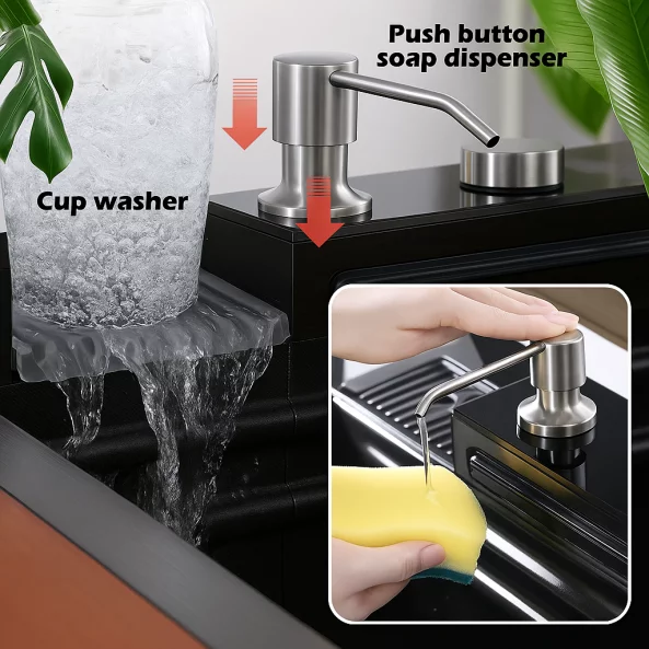 Chiuvetă modernă de bucătărie culoare :negru , multifuncțională, duș extractibil, spălător pahare, filtrare apă, inox, calitate premium, accesorii incluse dimensiuni 680*460*220mm
