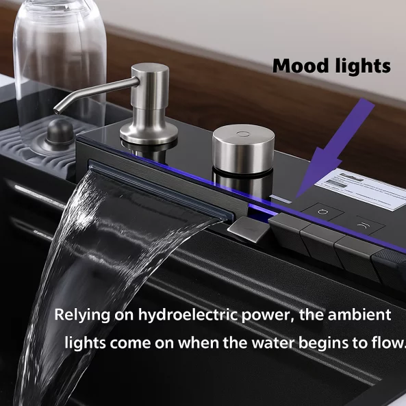 Chiuvetă modernă de bucătărie culoare :negru , multifuncțională, duș extractibil, spălător pahare, filtrare apă, inox, calitate premium, accesorii incluse dimensiuni 680*460*220mm
