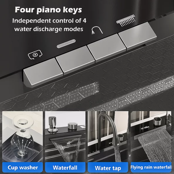 Chiuvetă modernă de bucătărie culoare :negru , multifuncțională, duș extractibil, spălător pahare, filtrare apă, inox, calitate premium, accesorii incluse dimensiuni 680*460*220mm