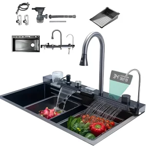 Fregadero de cocina moderno color: negro, multifuncional, ducha extraíble, lavavasos, filtro de agua, acero inoxidable, primera calidad, accesorios incluidos dimensiones 680*460*220mm