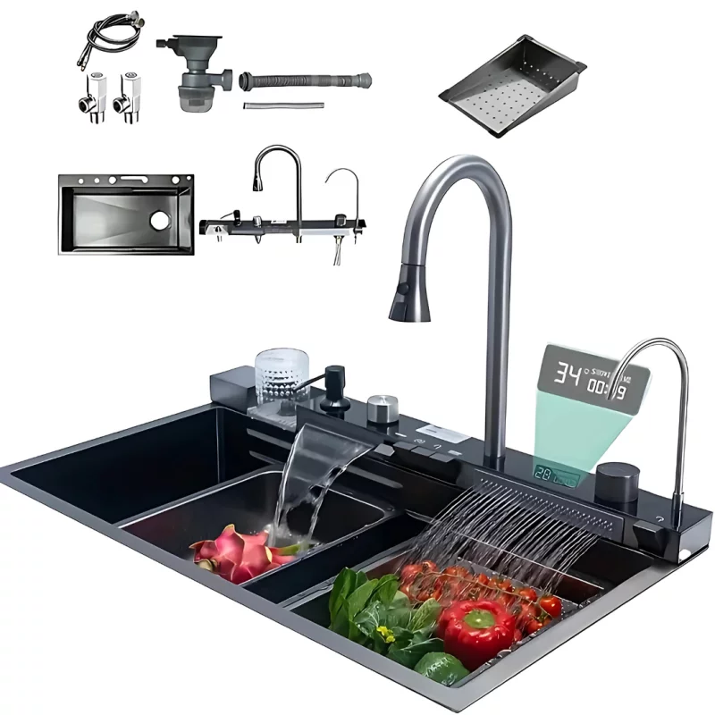 Chiuvetă modernă de bucătărie culoare :negru , multifuncțională, duș extractibil, spălător pahare, filtrare apă, inox, calitate premium, accesorii incluse dimensiuni 680*460*220mm