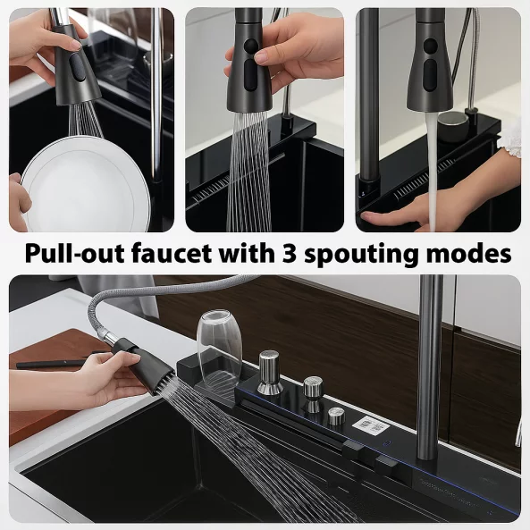 Chiuvetă modernă de bucătărie culoare :negru , multifuncțională, duș extractibil, spălător pahare, filtrare apă, inox, calitate premium, accesorii incluse dimensiuni 680*460*220mm