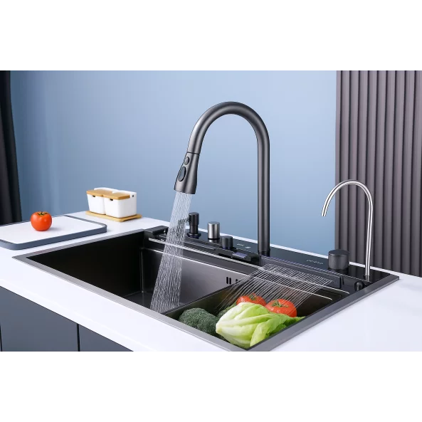 Chiuvetă modernă de bucătărie culoare :negru , multifuncțională, duș extractibil, spălător pahare, filtrare apă, inox, calitate premium, accesorii incluse dimensiuni 680*460*220mm