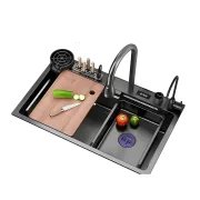 Chiuvetă modernă de bucătărie culoare: negru, multifuncțională, duș extractibil,suport cutite, spălător pahare, filtrare apă, inox, calitate premium, accesorii incluse dimensiuni 750*460*220mm-PRODUS RESIGILAT!