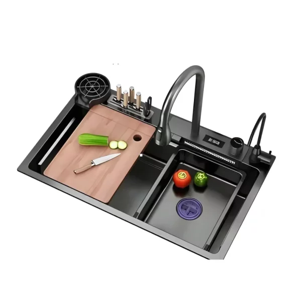 Chiuvetă modernă de bucătărie culoare: negru, multifuncțională, duș extractibil,suport cutite, spălător pahare, filtrare apă, inox, calitate premium, accesorii incluse dimensiuni 750*460*220mm-PRODUS RESIGILAT!