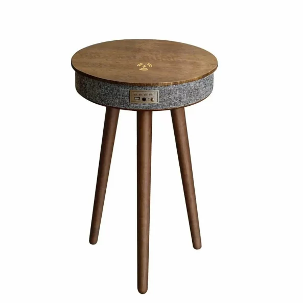Mesa inteligente con Bluetooth 5.0, sistema de audio de 20W y carga inalámbrica – Marrón, diseño elegante en MDF y madera de roble