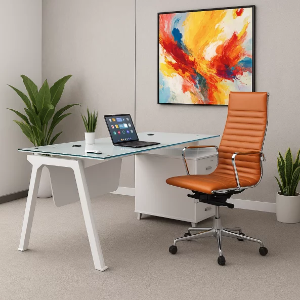 Modern íróasztal edzett üveglappal és ergonomikus műbőr székkel – Prémium dizájn, elegancia és kényelem