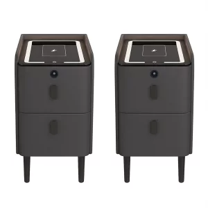 Keskeny, intelligens éjjeliszekrény szett vezeték nélküli töltéssel, LED világítással, Bluetooth hangszóróval, USB és Type-C porttal, valamint ujjlenyomat-azonosító rendszerrel – antracitszürke színben