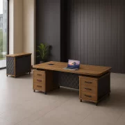 Escritorio ejecutivo y cuerpo lateral con dos puertas / frigobar, diseño moderno y elegante, calidad premium, dimensiones 2000*950*750