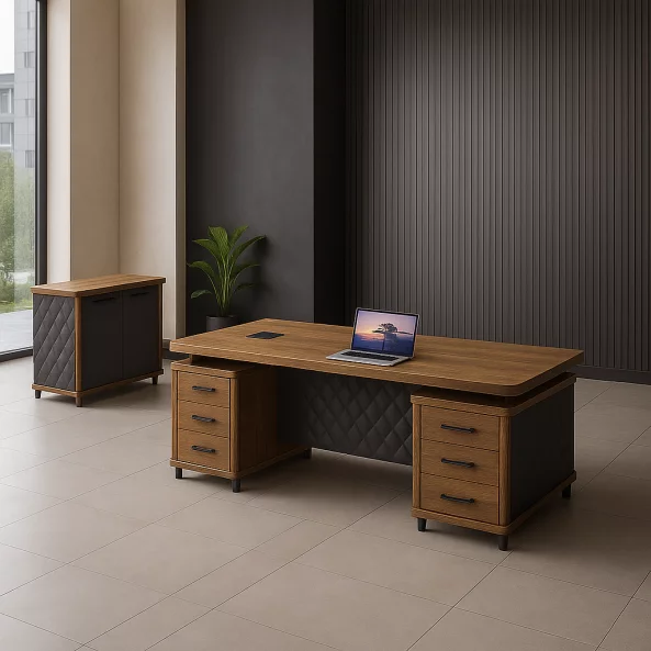 Escritorio ejecutivo y cuerpo lateral con dos puertas / frigobar, diseño moderno y elegante, calidad premium, dimensiones 2000*950*750