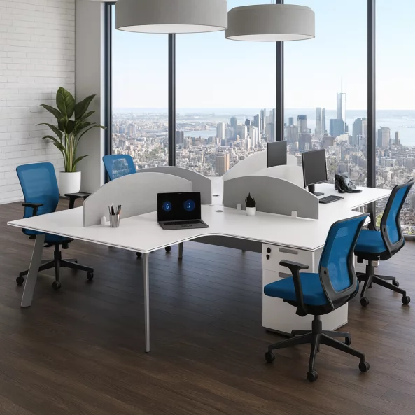 Operativen ofis, rabotna stantsiia s 4 rabotni mesta i vgradeni shkafove, moderen i eleganten dizain, premium kachestvo, razmeri 2400*2800*750