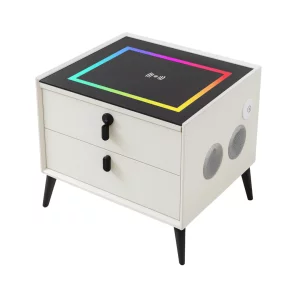 Noptiera inteligenta cu încărcare wireless și iluminare LED –culoare alb, 2 Sertare de depozitare, design modern-sticlă securizata