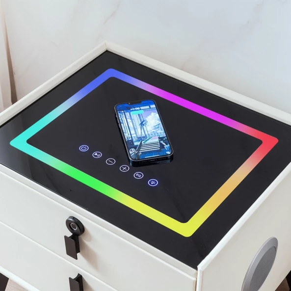 Noptiera inteligenta cu încărcare wireless și iluminare LED –culoare alb, 2 Sertare de depozitare, difuzor Bluetooth