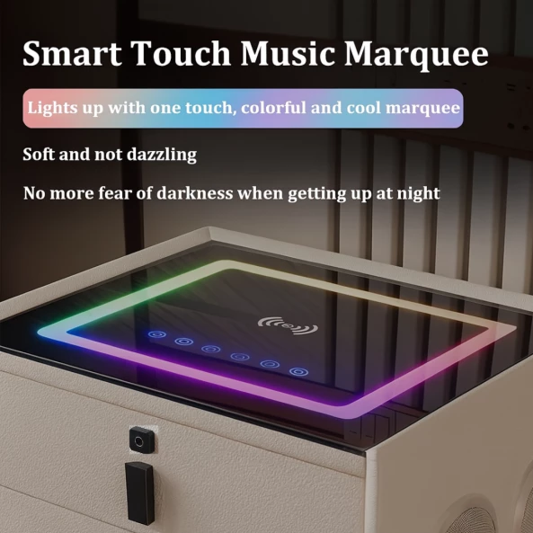 Noptiera inteligenta cu încărcare wireless și iluminare LED –culoare alb, 2 Sertare de depozitare, difuzor Bluetooth