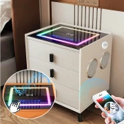 Noptiera inteligenta cu încărcare wireless și iluminare LED –culoare: alb, 3 Sertare de depozitare, difuzor Bluetooth