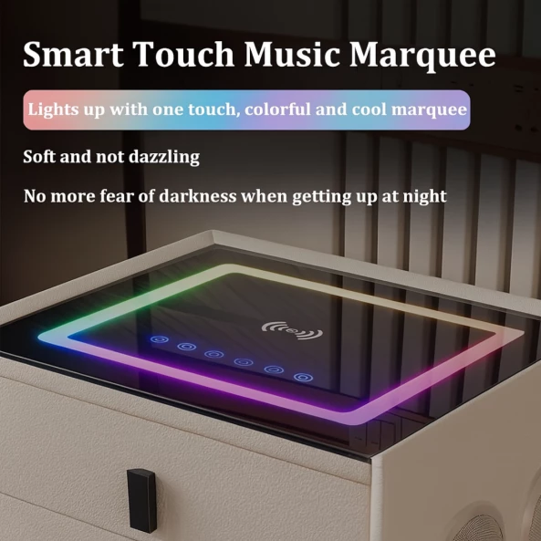 Noptiera inteligenta cu încărcare wireless și iluminare LED –culoare: alb, 3 Sertare de depozitare, difuzor Bluetooth
