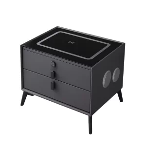 Noptiera inteligenta cu încărcare wireless și iluminare LED –culoare gri antracit, 2 Sertare de depozitare, design modern-sticlă securizata