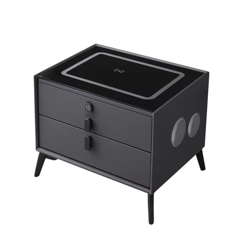 Noptiera inteligenta cu încărcare wireless și iluminare LED –culoare gri antracit, 2 Sertare de depozitare, design modern-sticlă securizata