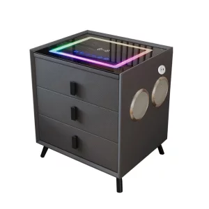 Mesita de noche inteligente con carga inalámbrica e iluminación LED – color: gris antracita, 3 cajones de almacenamiento, altavoz Bluetooth