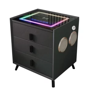 Noptiera inteligenta cu încărcare wireless și iluminare LED –culoare: negru, 3 Sertare de depozitare, difuzor Bluetooth