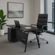 Prémium íróasztal szett üveglappal, fix oldalsó szekrénnyel és ergonomikus, állítható ökobőr székkel – modern és elegáns design, prémium minőség