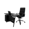 Prémium íróasztal szett üveglappal, fix oldalsó szekrénnyel és ergonomikus, állítható ökobőr székkel – modern és elegáns design, prémium minőség