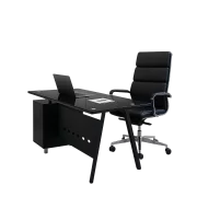Prémium íróasztal szett üveglappal, fix oldalsó szekrénnyel és ergonomikus, állítható ökobőr székkel – modern és elegáns design, prémium minőség