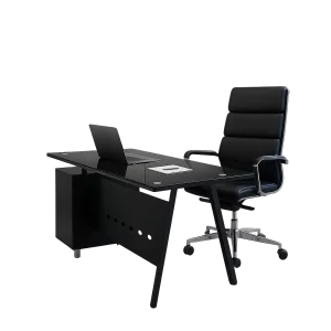 Prémium íróasztal szett üveglappal, fix oldalsó szekrénnyel és ergonomikus, állítható ökobőr székkel – modern és elegáns design, prémium minőség