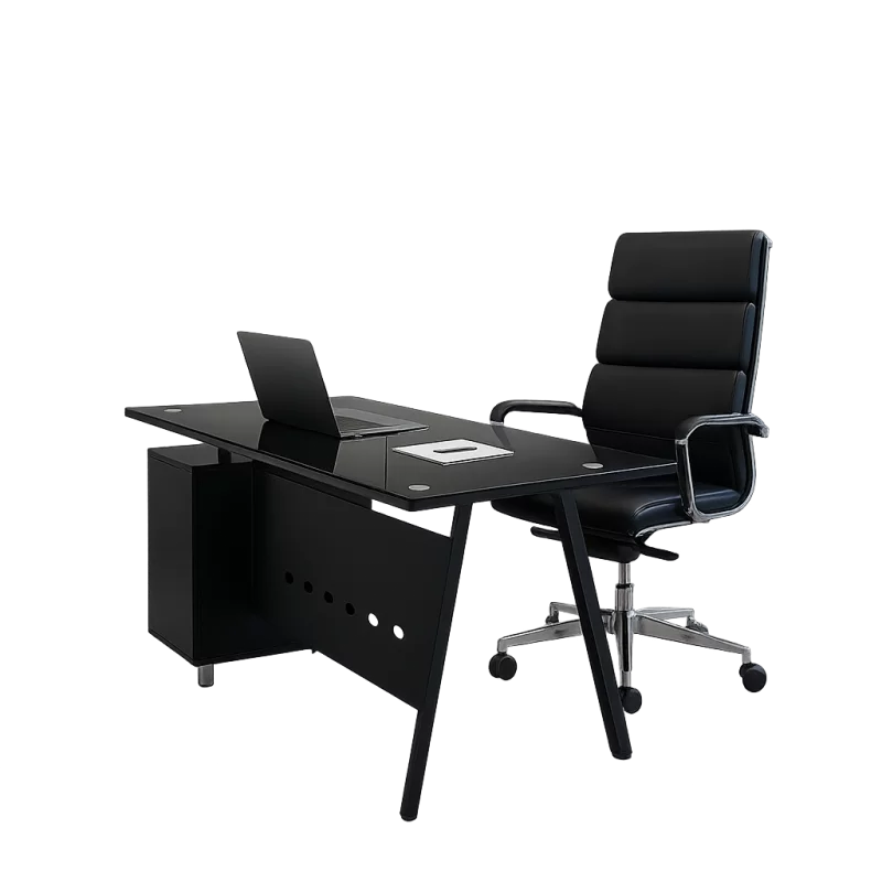 Set Birou premium  cu blat din sticla cu dulap lateral fix si scaun ergonomic, reglabil din piele ecologica -  design modern și elegant ,calitate premium