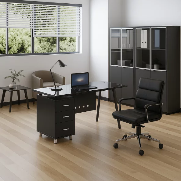 Prémium íróasztal szett üveglappal, fix oldalsó szekrénnyel és ergonomikus, állítható ökobőr székkel – modern és elegáns design, prémium minőség
