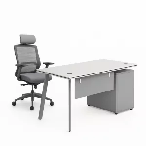 Set birou elegant cu birou lateral si scaun ergonomic cu suport lombar si tetiera reglabila