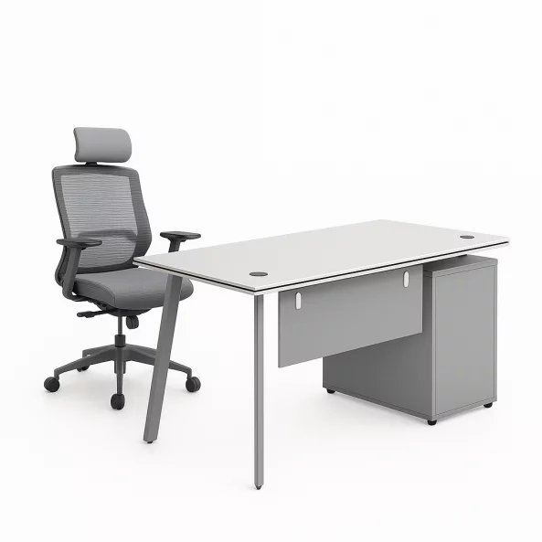 Elegáns irodai szett oldalsó íróasztallal és ergonomikus székkel, deréktámasszal és állítható fejtámlával