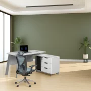 Set birou modern, cu dulap lateral  si scaun de birou ergonomic cu suport lombar, tetiera si cotiera reglabila, calitate premium