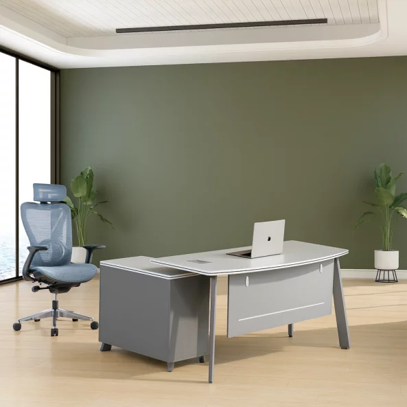 Set birou modern, cu dulap lateral  si scaun de birou ergonomic cu suport lombar, tetiera si cotiera reglabila, calitate premium