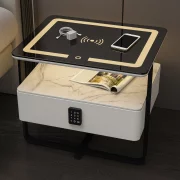 Интелигентно многофункционално нощно шкафче с безжично зареждане, LED и заключващо се чекмедже – бял цвят