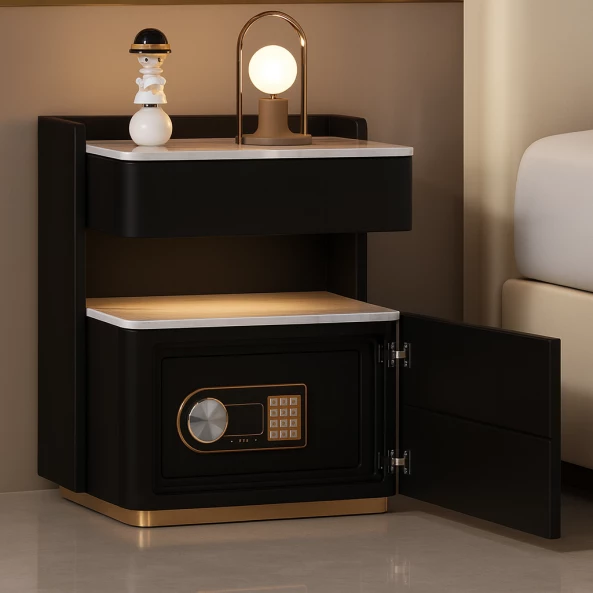 Интелигентно нощно шкафче с безжично зареждане 15W, LED осветление с 3 цвята, вграден сейф и нощна лампа със сензор