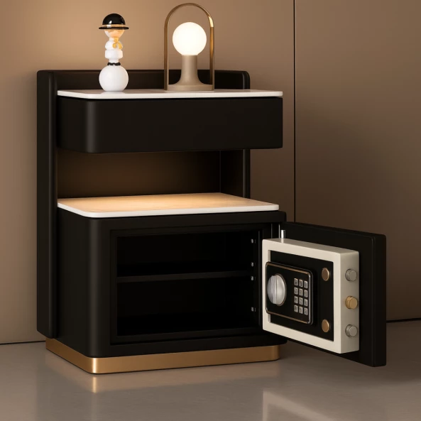 Интелигентно нощно шкафче с безжично зареждане 15W, LED осветление с 3 цвята, вграден сейф и нощна лампа със сензор